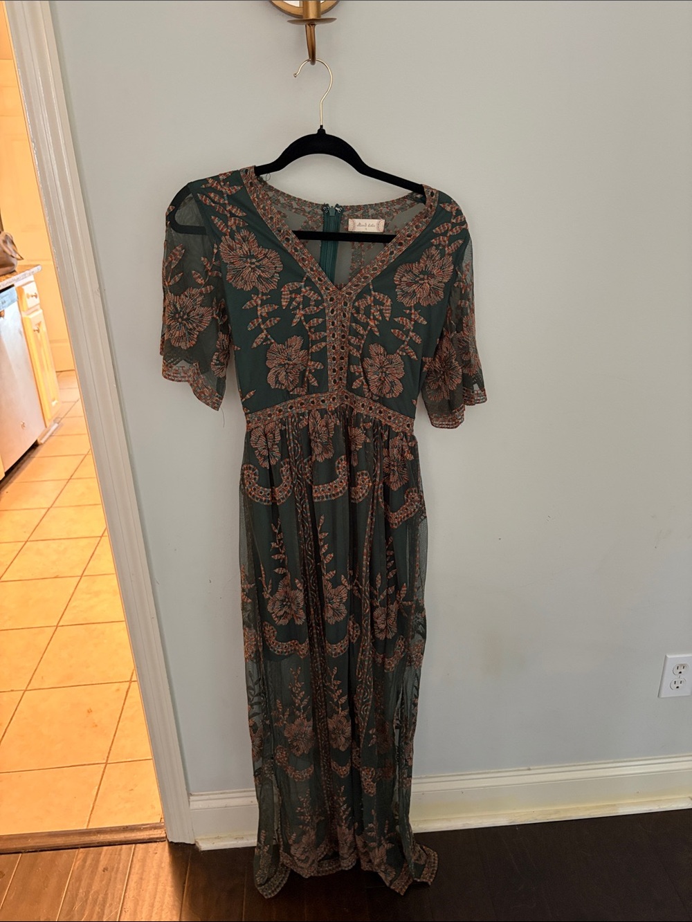 Altar'd State Green Maxi Dress with Pink Floral Embroidery